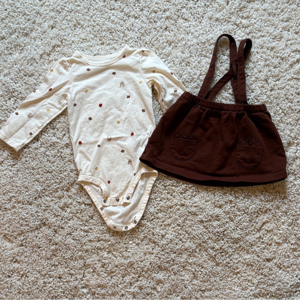 Carter's Cream Thanksgiving Turkey Bodysuit Brown Acorn Skirt Suspenders Outfit